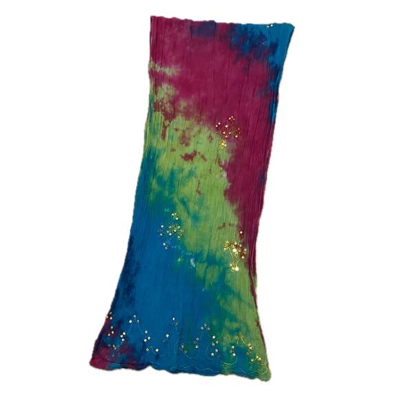 Tie dye embroidered sequin scarf pink green blue, fairycore bohemian hippie boho - Picture 2 of 7